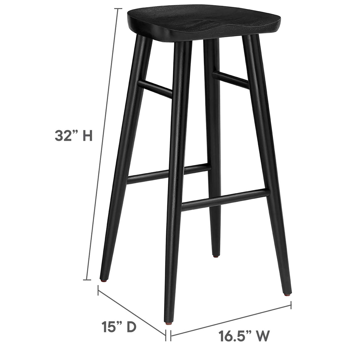 Dimensions for the bar-height stool: compact 15 by 16.5 inches with a 32-inch height. || EEI-6740-BLK || dimension_studio