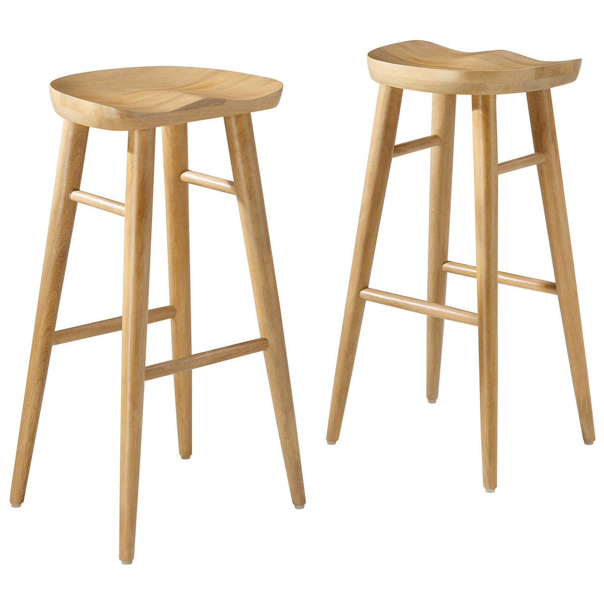 Set of two bar stools in solid mango wood with contoured seats and splayed legs || EEI-6740-OAK || front_angle_multi_studio