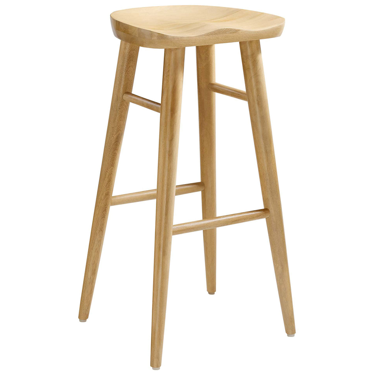 Bar-height stool with sculpted seat, splayed legs, and dual stretchers for support || EEI-6740-OAK || front_angle_studio