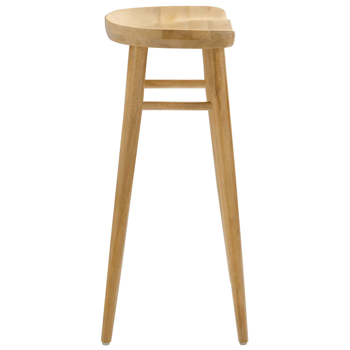 Curved saddle seat and slim tapered legs with footrest on this bar-height stool || EEI-6740-OAK || side_studio