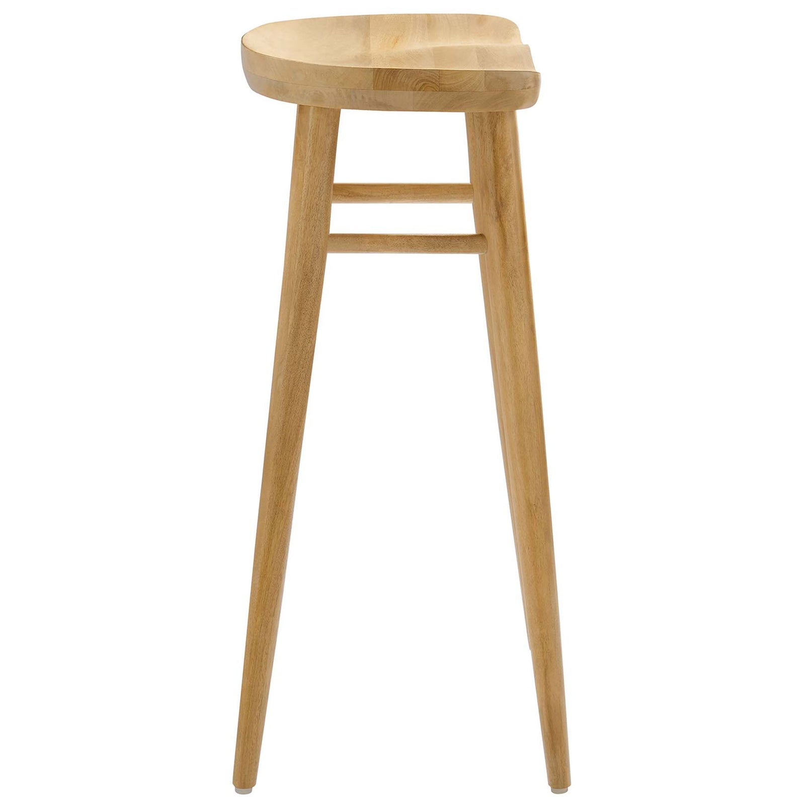 Curved saddle seat and slim tapered legs with footrest on this bar-height stool || EEI-6740-OAK || side_studio