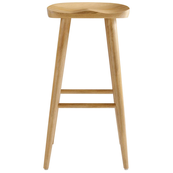 Backless bar stool in solid mango wood with a contoured saddle seat and tapered legs || EEI-6740-OAK || front_studio