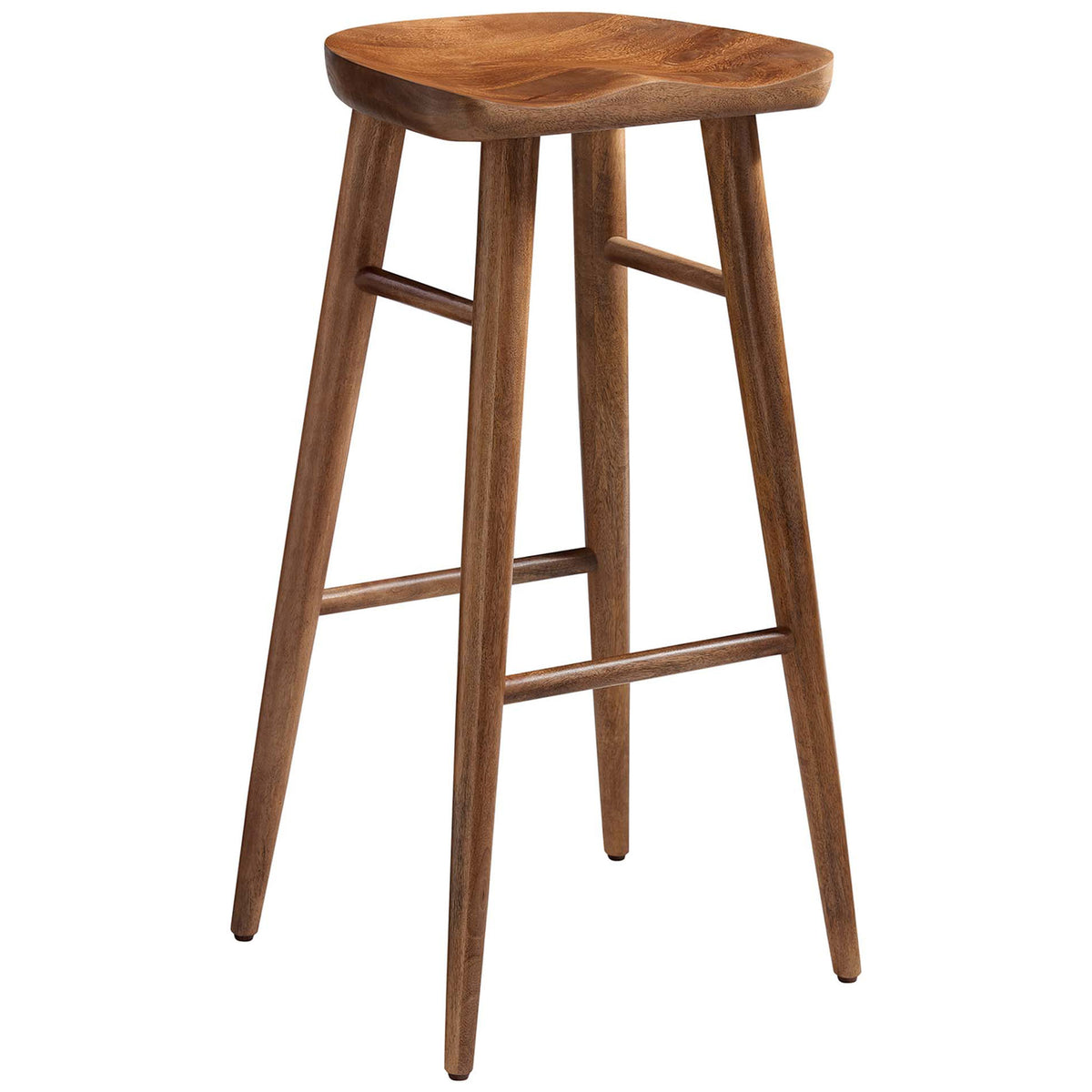 Walnut mango wood bar stool with sculpted saddle seat and a minimal, airy silhouette || EEI-6740-WAL || front_angle_studio