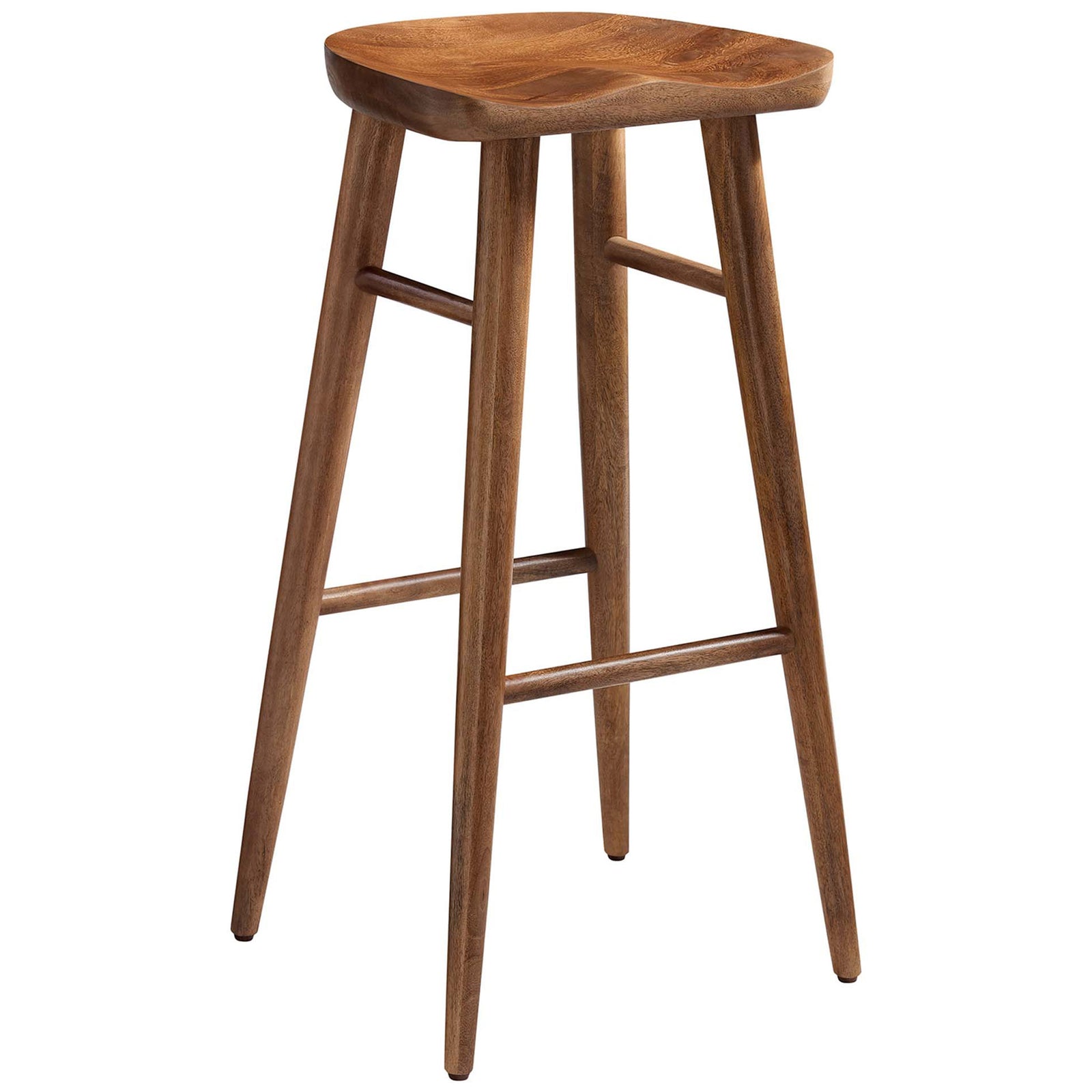 Walnut mango wood bar stool with sculpted saddle seat and a minimal, airy silhouette || EEI-6740-WAL || front_angle_studio