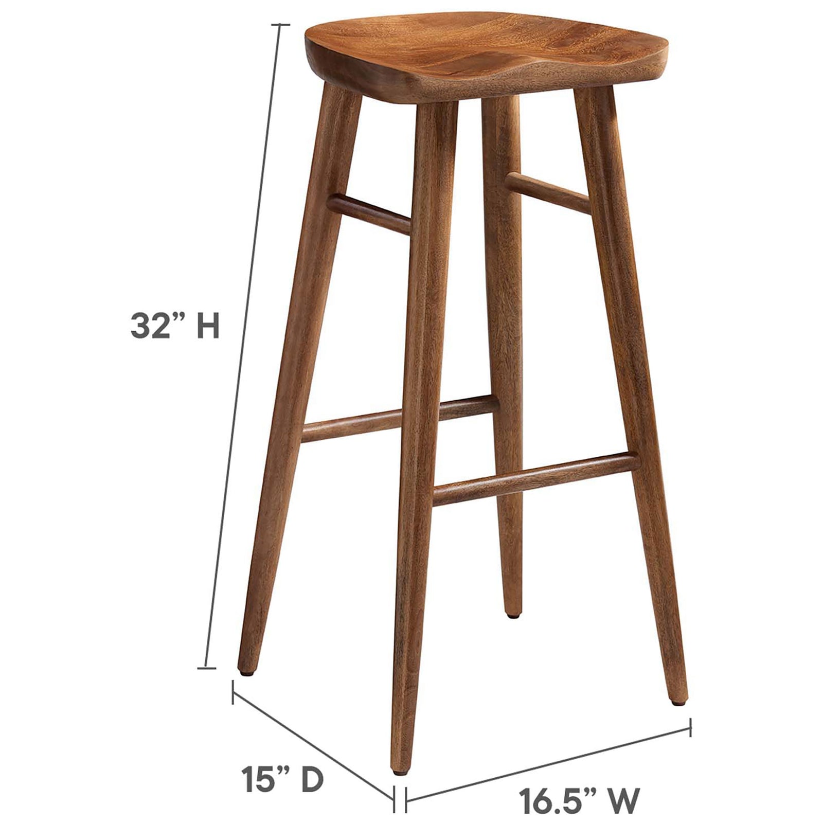 Dimensions for the bar stool with 32 inch height and a 15 by 16.5 inch footprint || EEI-6740-WAL || dimension_studio