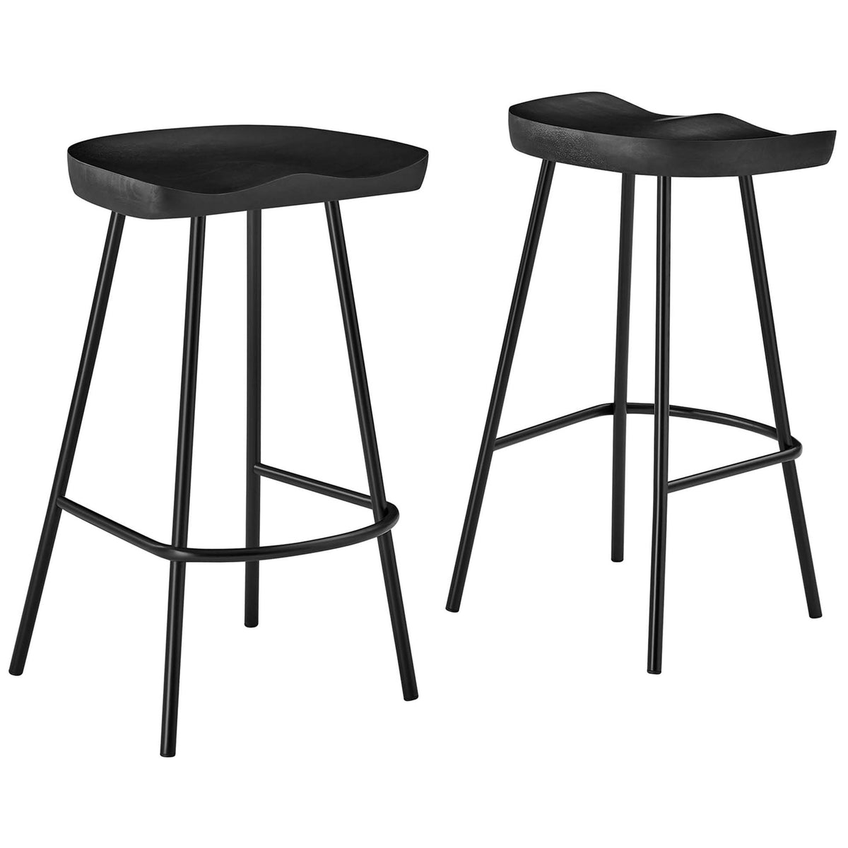 Pair of black mango wood counter stools with contoured saddle seats and rounded metal footrests || EEI-6741-BLK || front_angle_multi_studio
