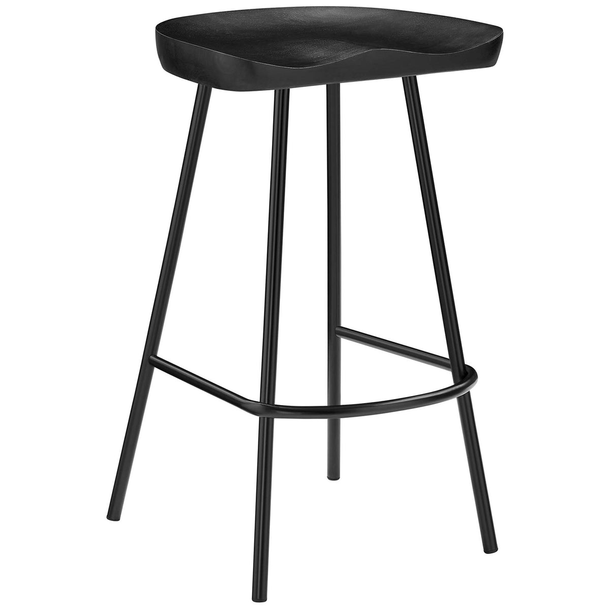 Black mango wood counter stool with backless saddle seat and splayed powder-coated legs || EEI-6741-BLK || front_angle_studio