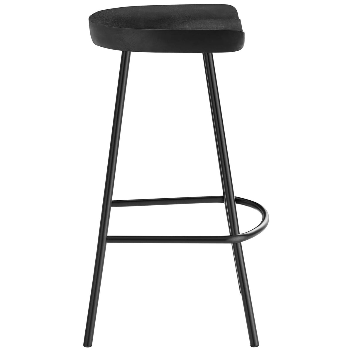 Slim counter stool in black with sculpted wood seat and tubular metal footrest || EEI-6741-BLK || side_studio