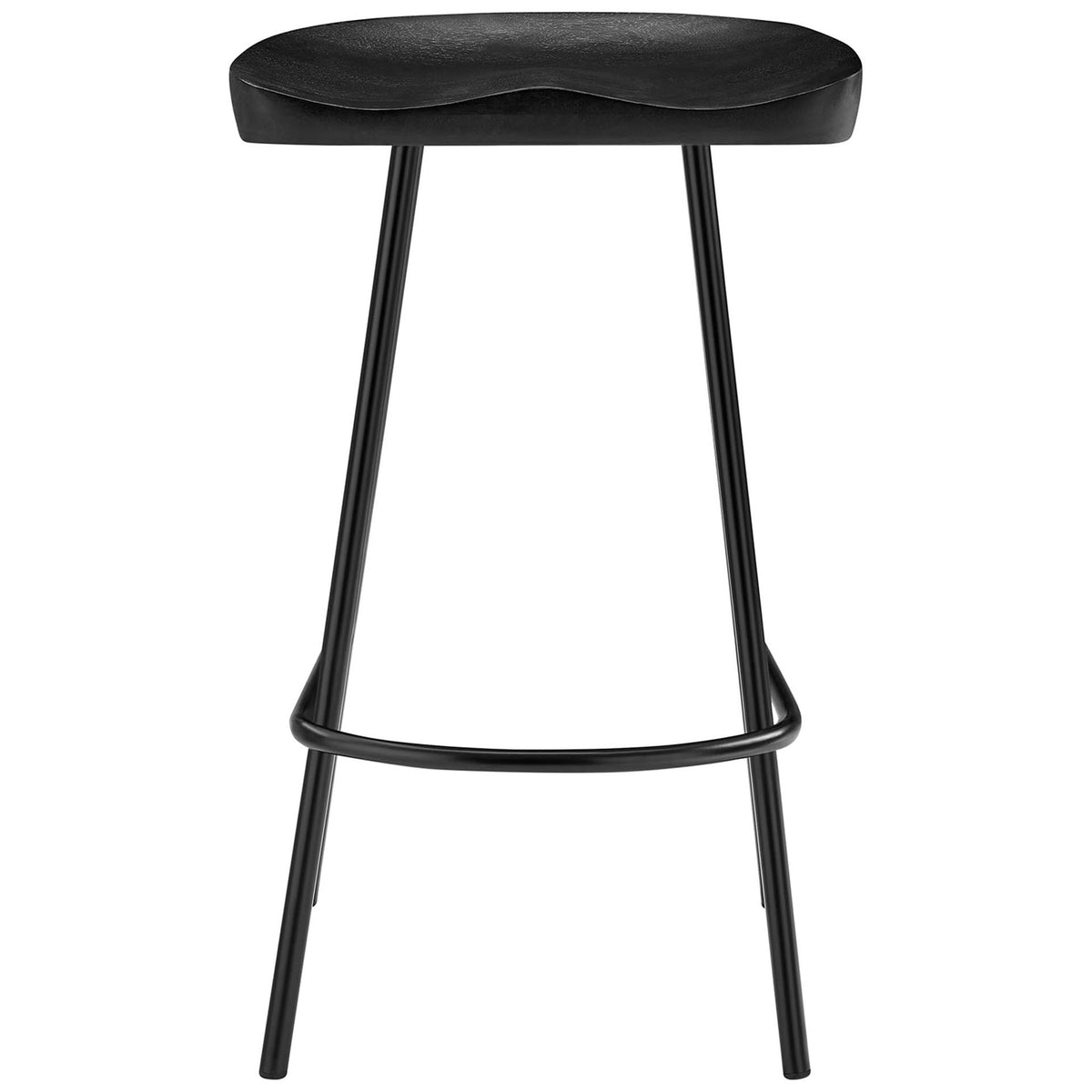 Black counter stool with contoured mango wood seat and rounded footrest || EEI-6741-BLK || front_studio