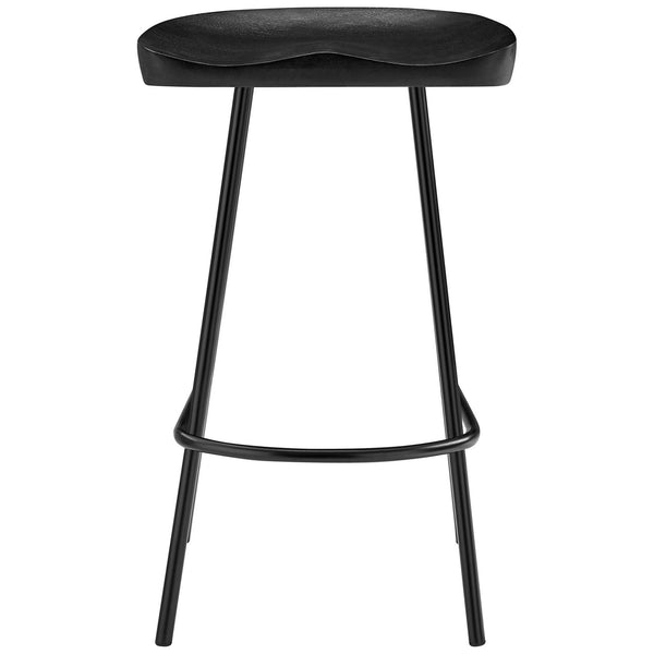 Black counter stool with contoured mango wood seat and rounded footrest || EEI-6741-BLK || front_studio
