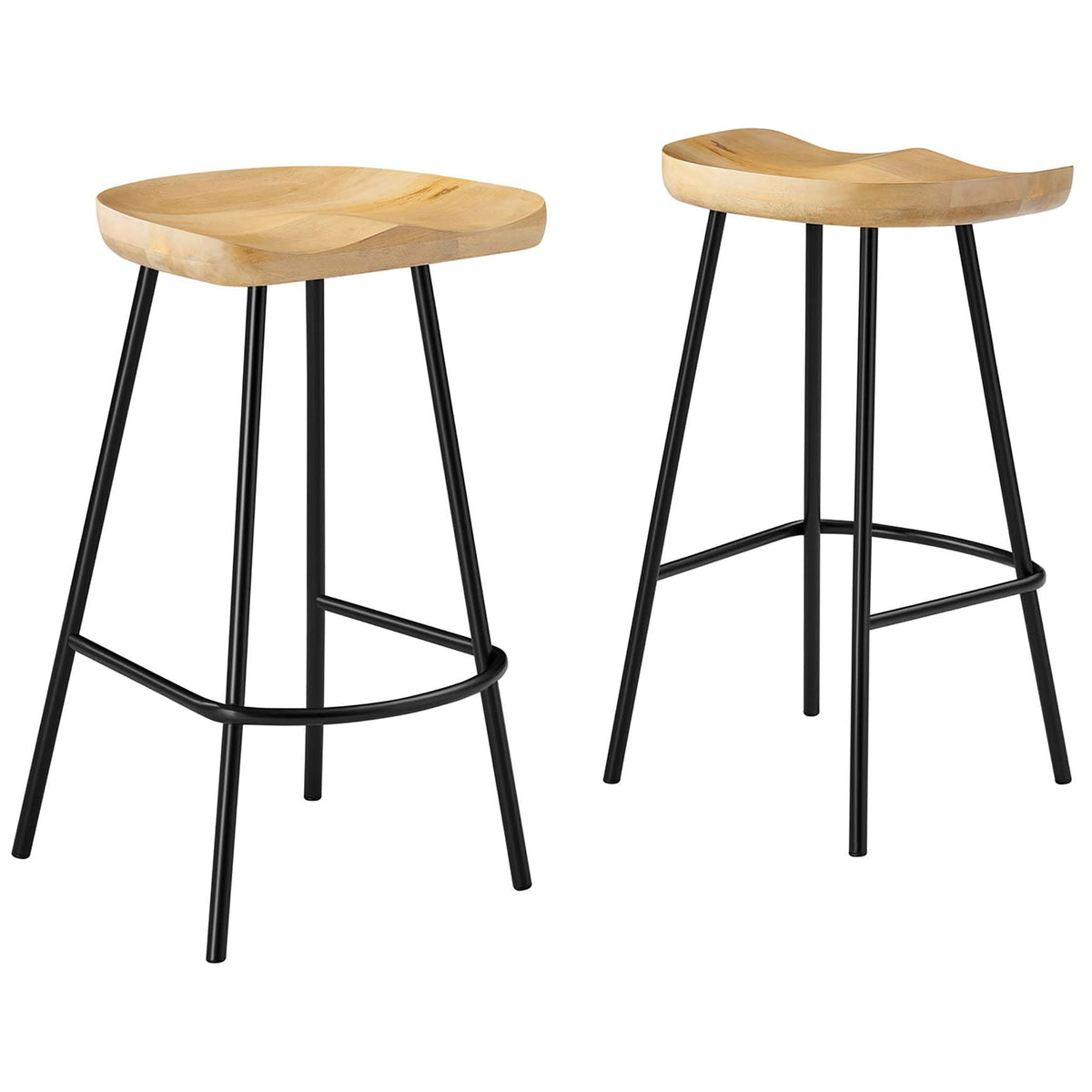 Set of two backless counter stools with oak-finished seats and minimalist black metal bases || EEI-6741-OAK || front_angle_multi_studio