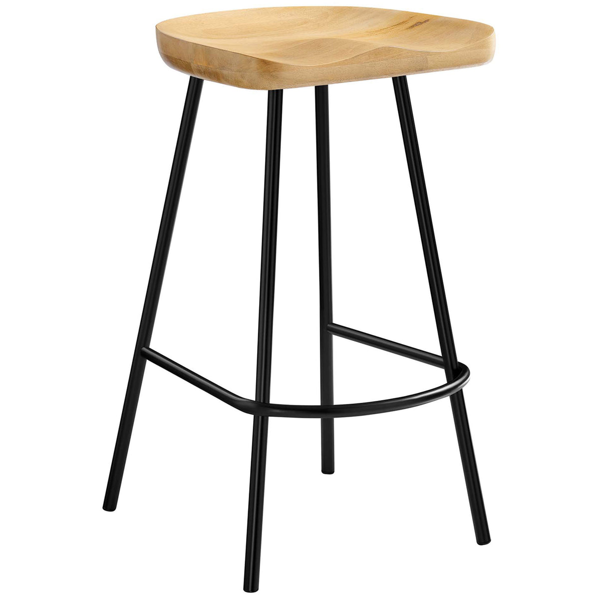 Sleek counter stool with sculpted oak finish seat, splayed black legs, and rounded footrest || EEI-6741-OAK || front_angle_studio