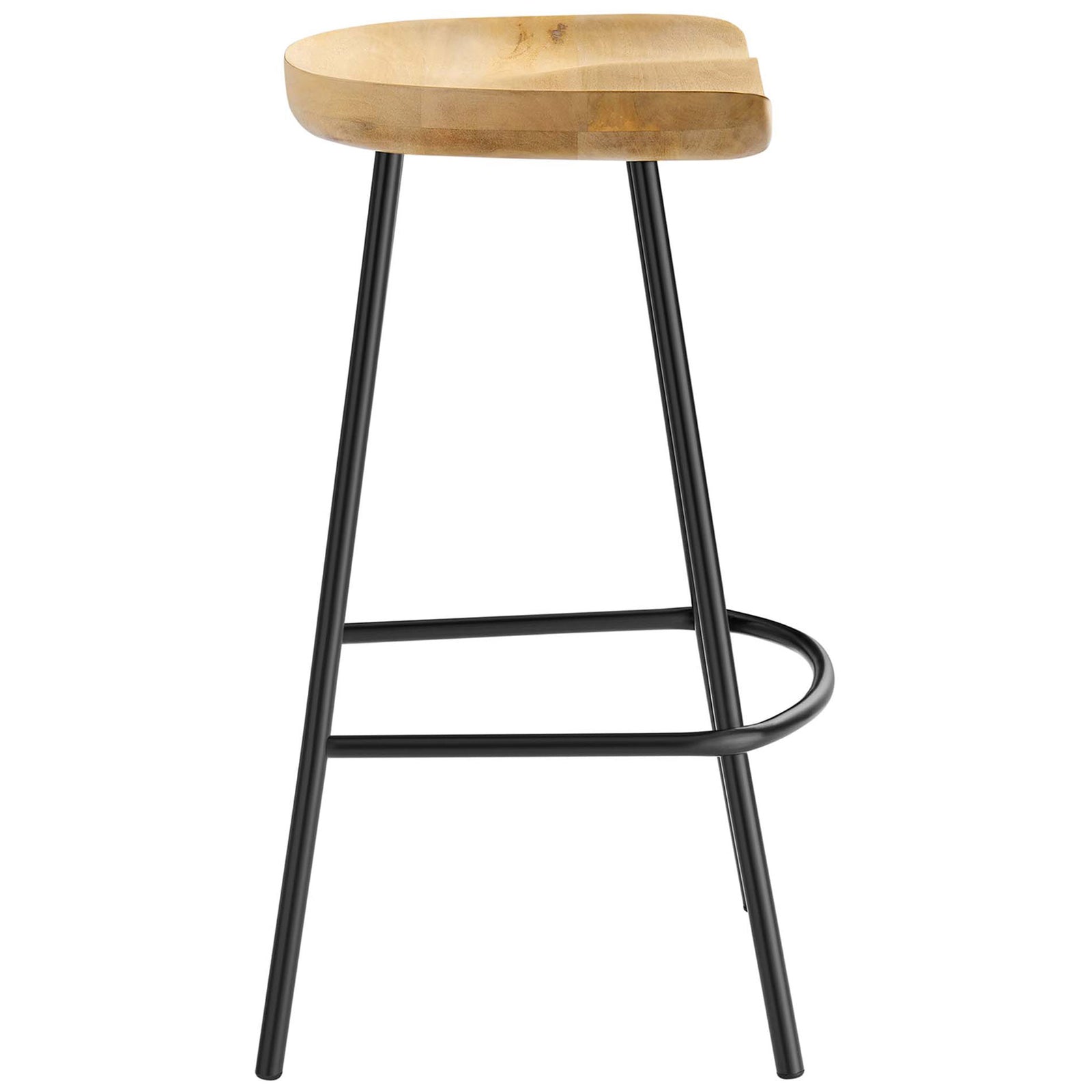 Slim metal frame supports a gently curved mango wood counter-height seat for everyday comfort || EEI-6741-OAK || side_studio