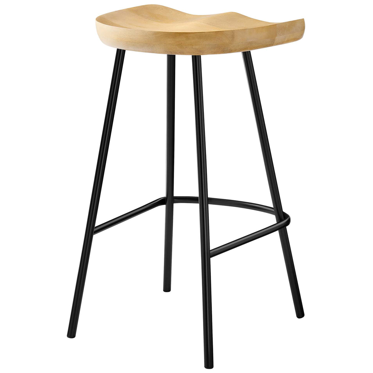 Curved saddle seat shows rich natural grain above sturdy black metal legs with footrest || EEI-6741-OAK || back_angle_studio