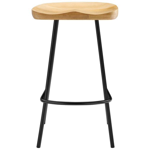 Backless mango wood counter stool with contoured saddle seat and black powder-coated metal legs || EEI-6741-OAK || front_studio