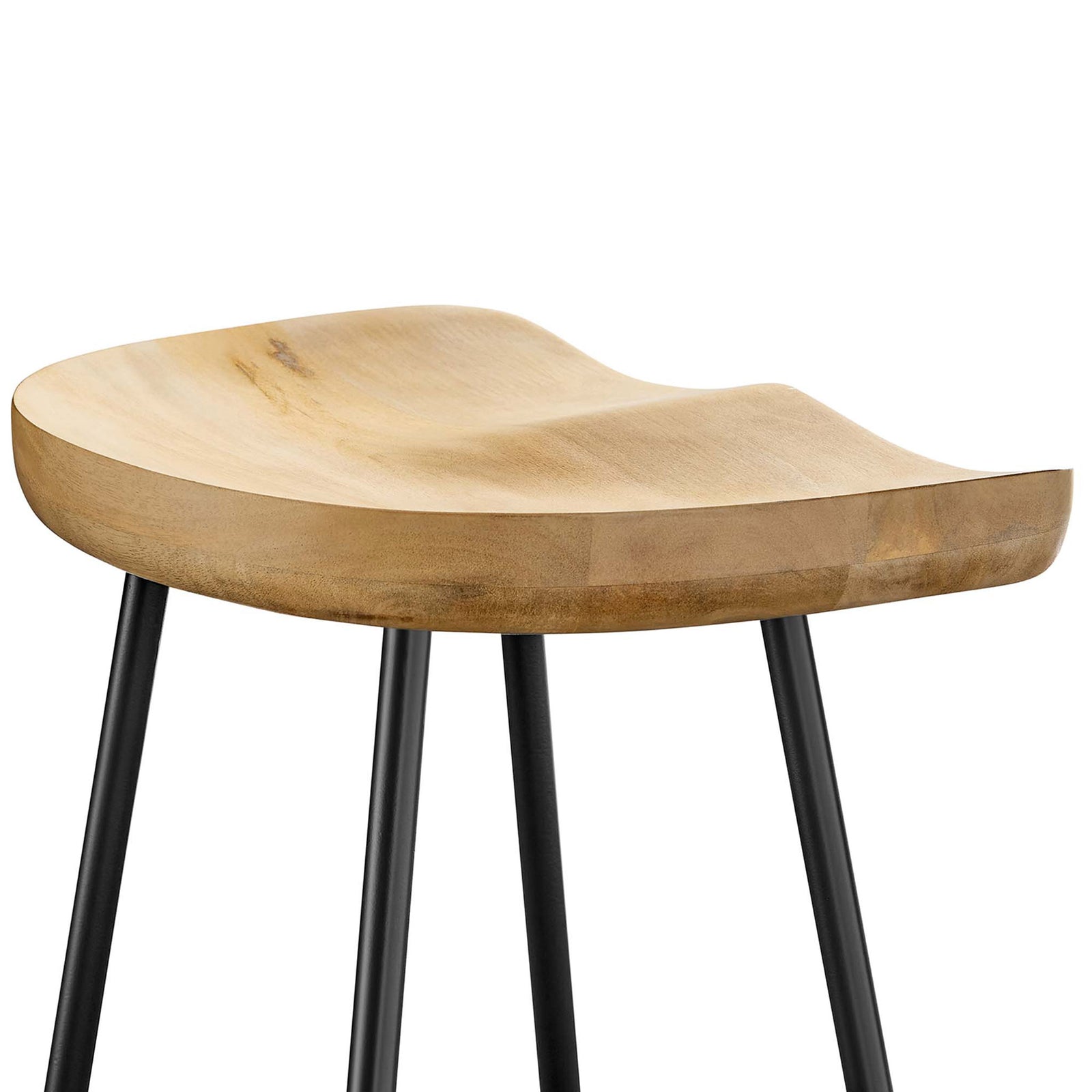 Ergonomic saddle seat highlights smooth mango wood grain and rounded front lip || EEI-6741-OAK || detail_studio