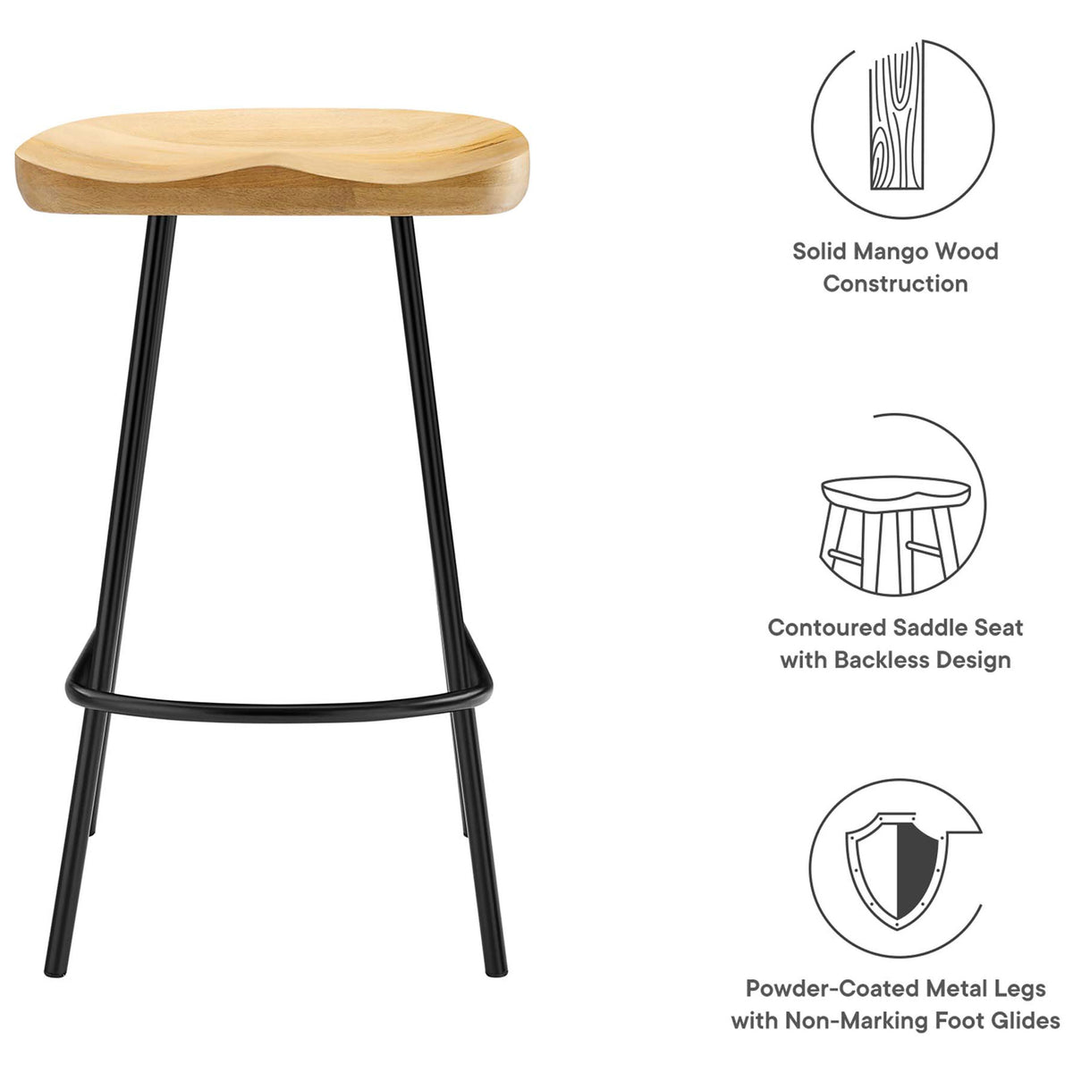 Solid mango wood seat, powder-coated metal legs, and non-marking glides for floor protection || EEI-6741-OAK || callout_studio