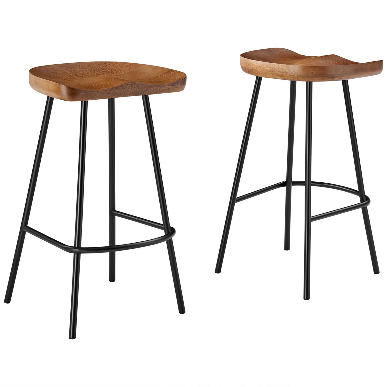Set of two counter stools showcasing sculpted mango wood seats and black metal footrests || EEI-6741-WAL || front_angle_multi_studio