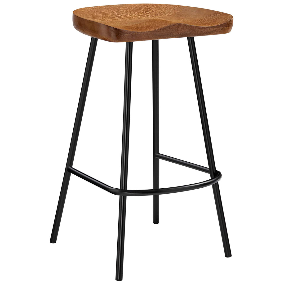 Sleek counter-height stool with a contoured mango wood seat and curved metal footrest || EEI-6741-WAL || front_angle_studio