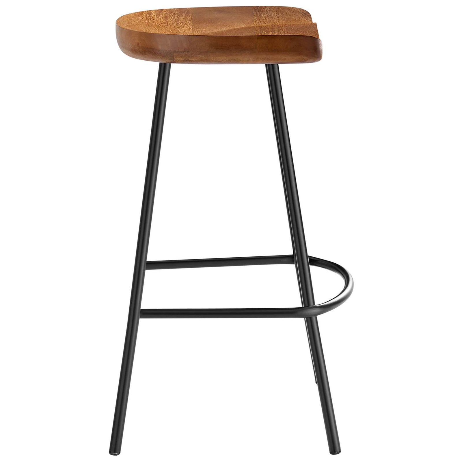 Modern profile features splayed black legs and a low, sculpted saddle seat in warm walnut || EEI-6741-WAL || side_studio