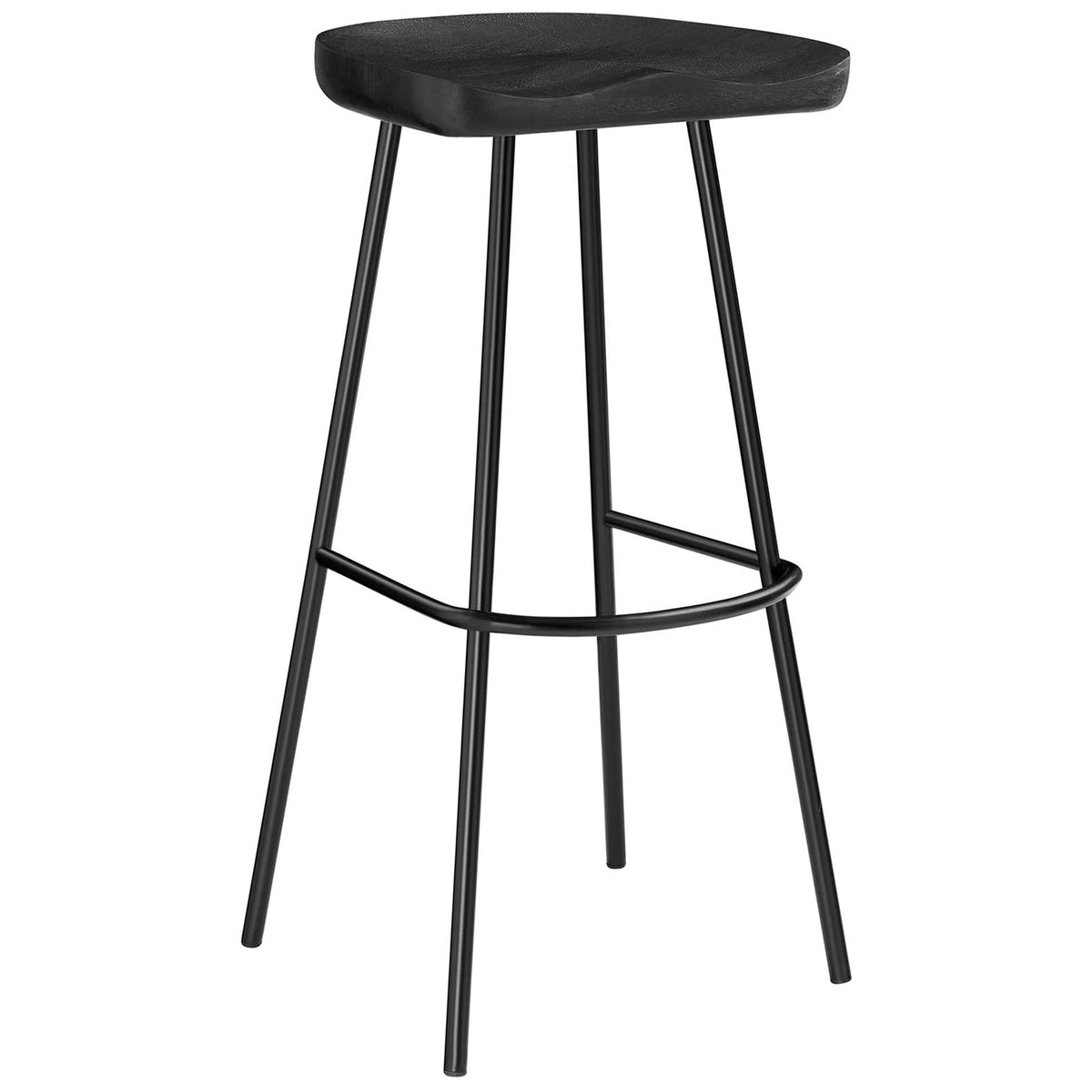 Black mango wood bar stool with backless saddle seat and splayed powder-coated legs || EEI-6742-BLK || front_angle_studio