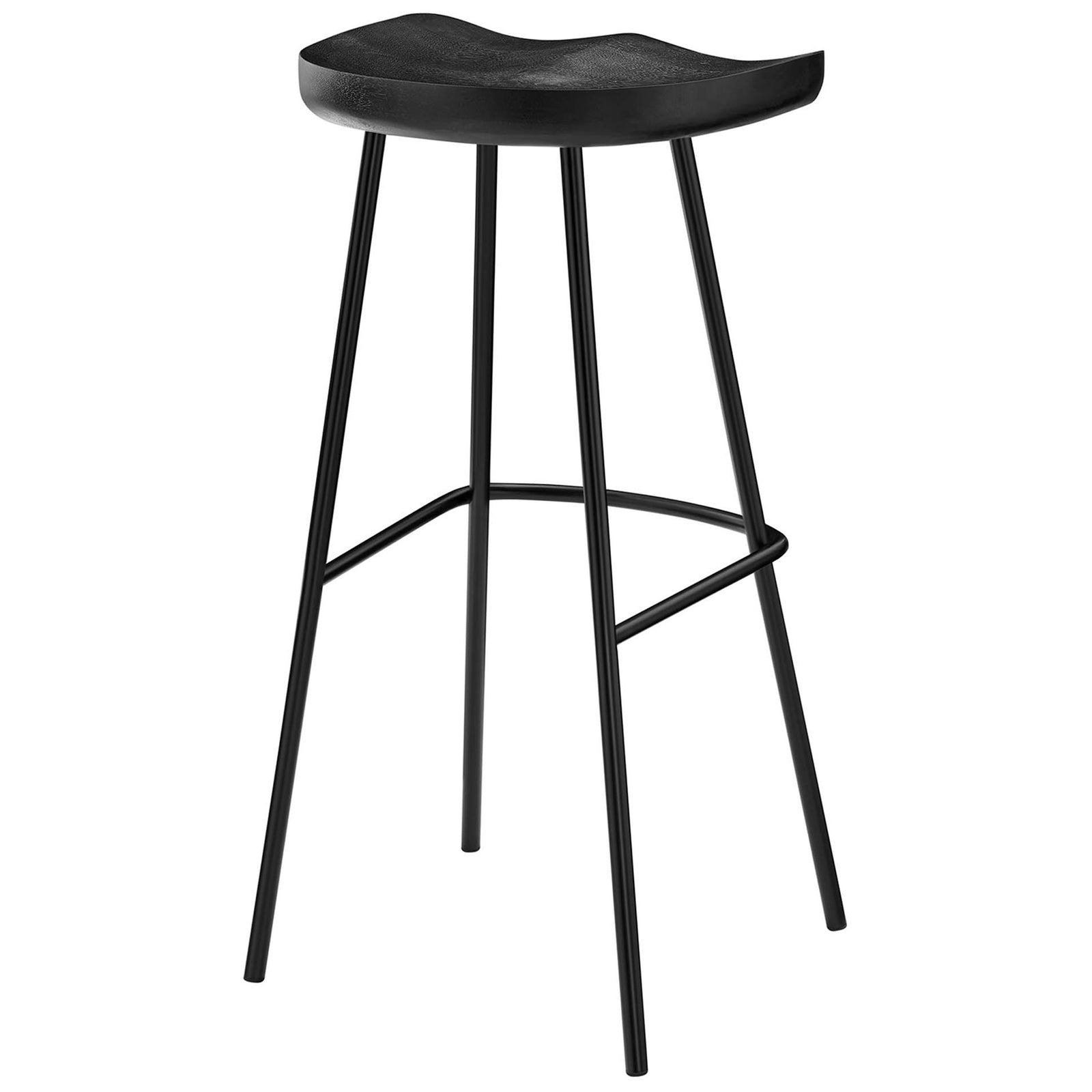 Backless bar stool featuring a curved wood seat and minimalist steel base || EEI-6742-BLK || back_angle_studio