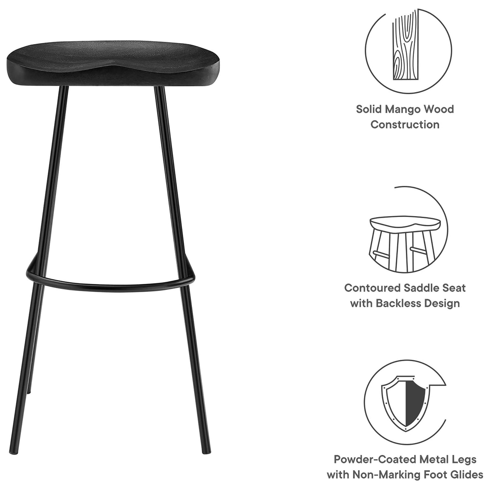 Highlights: solid mango wood, backless saddle seat, powder-coated legs, non-marking glides || EEI-6742-BLK || callout_studio