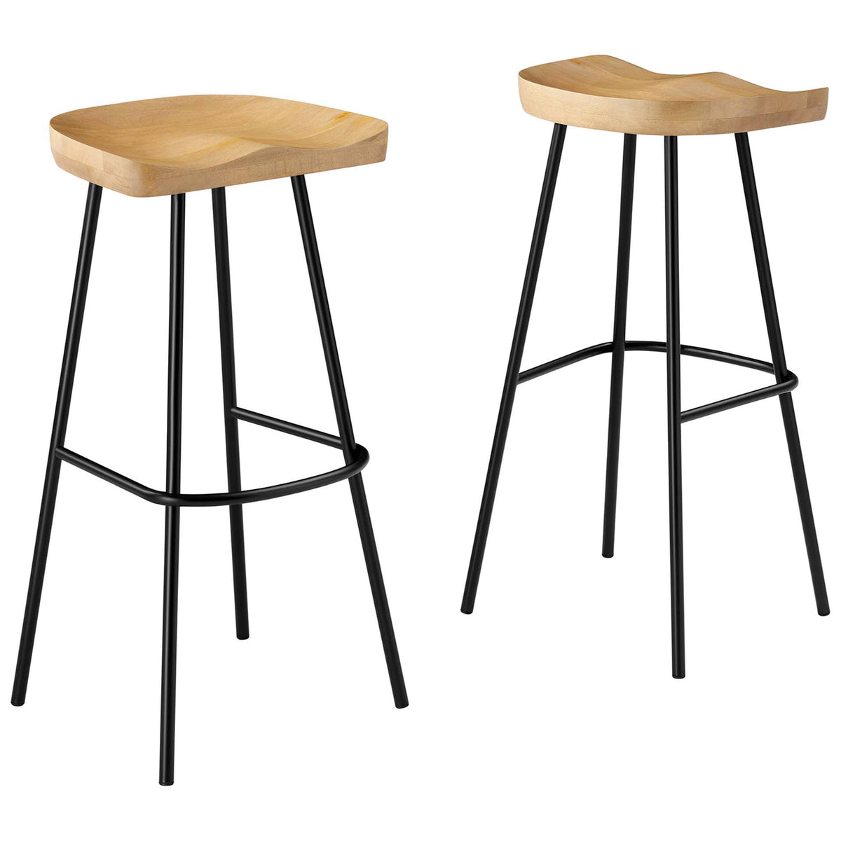 Set of two backless bar stools featuring oak-finished seats and slim black metal bases || EEI-6742-OAK || front_angle_multi_studio