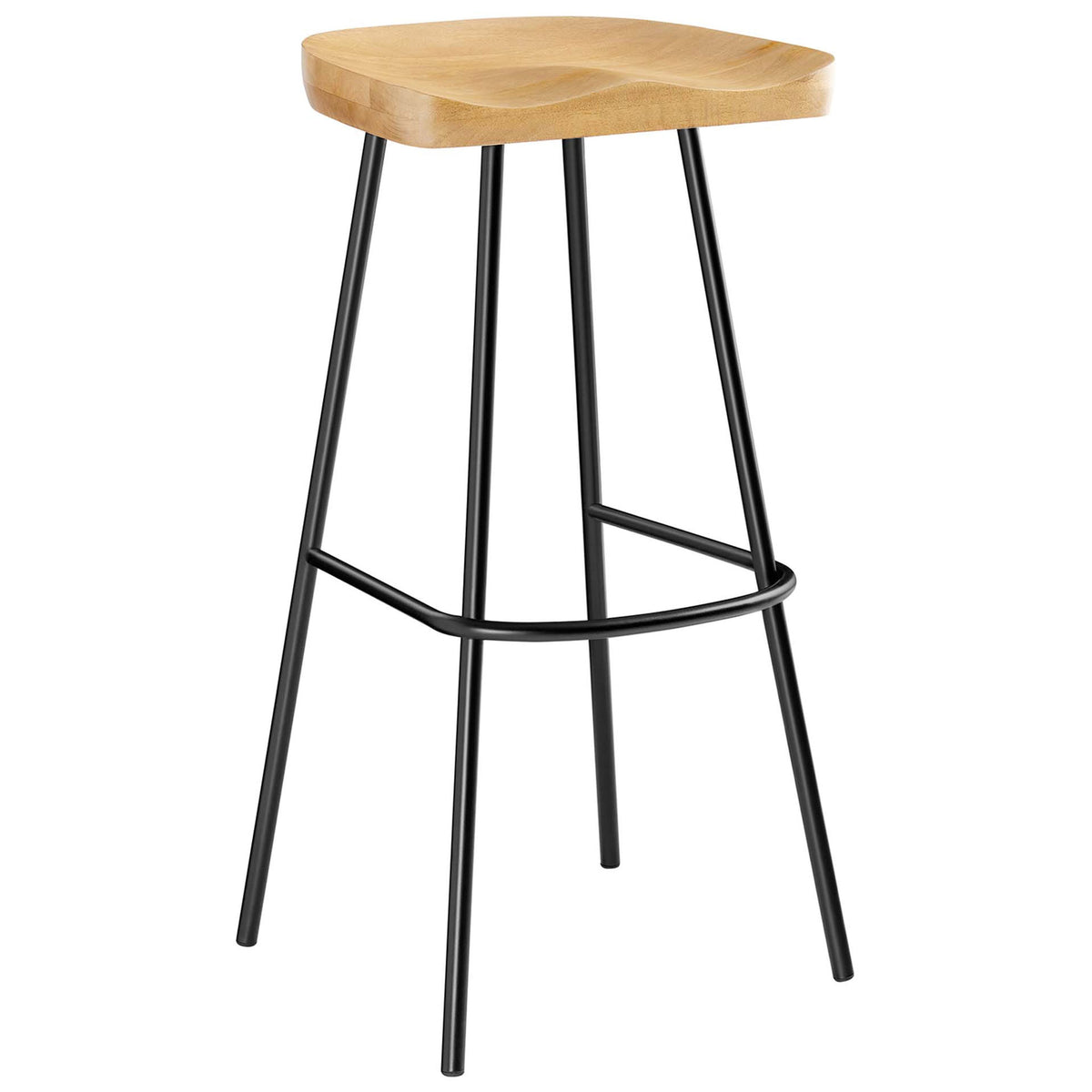 Modern bar stool with sculpted oak seat, splayed metal legs, and rounded footrest ring || EEI-6742-OAK || front_angle_studio
