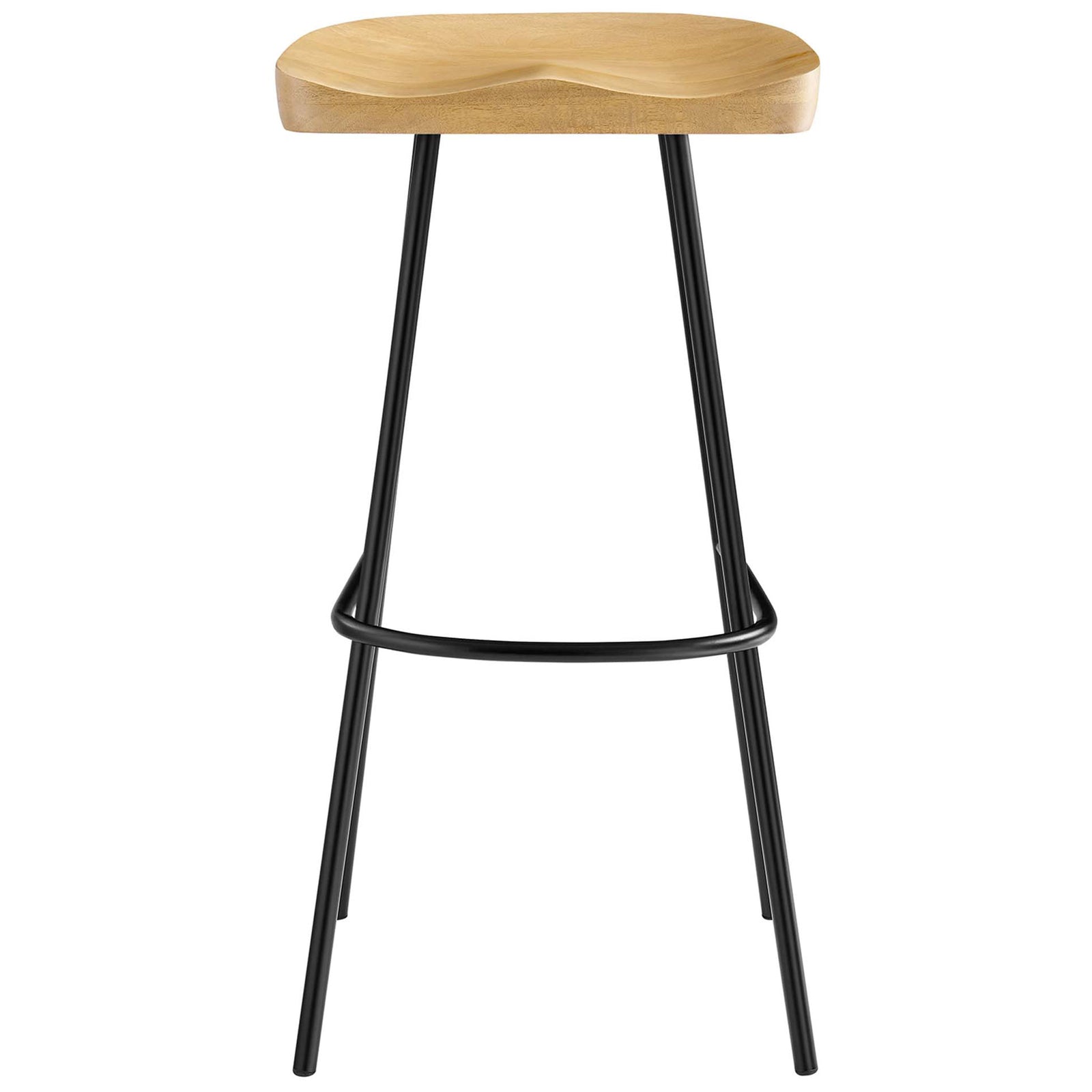 Backless mango wood bar stool with contoured saddle seat and black powder-coated legs || EEI-6742-OAK || front_studio