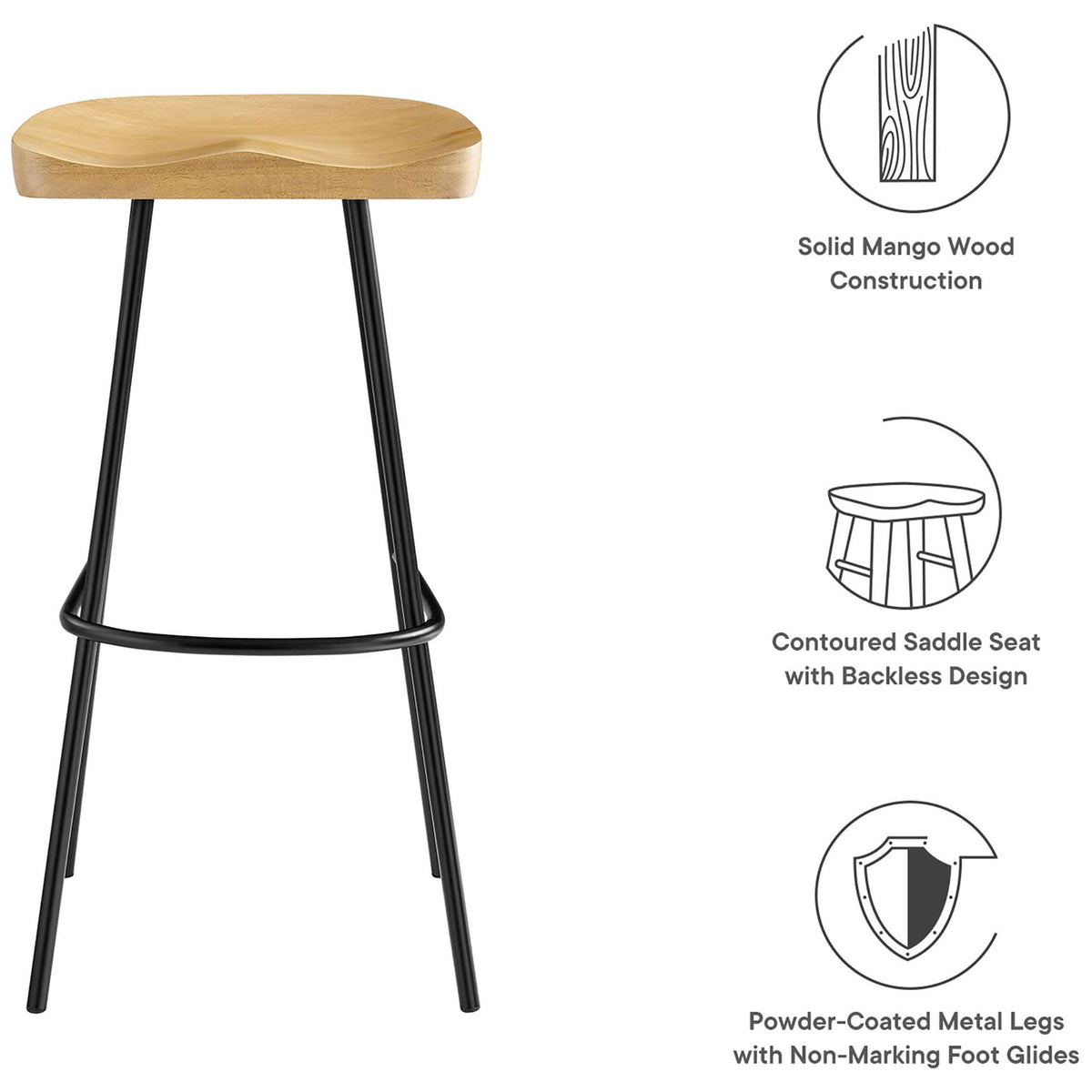 Solid wood seat, powder-coated legs, and adjustable non-marking glides keep floors protected || EEI-6742-OAK || callout_studio