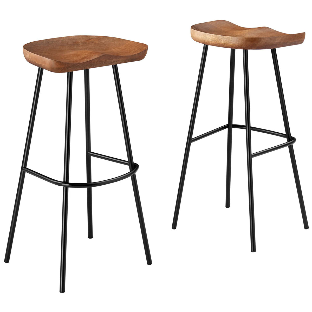 Set of two bar stools featuring sculpted walnut seats and airy black metal frames || EEI-6742-WAL || front_angle_multi_studio