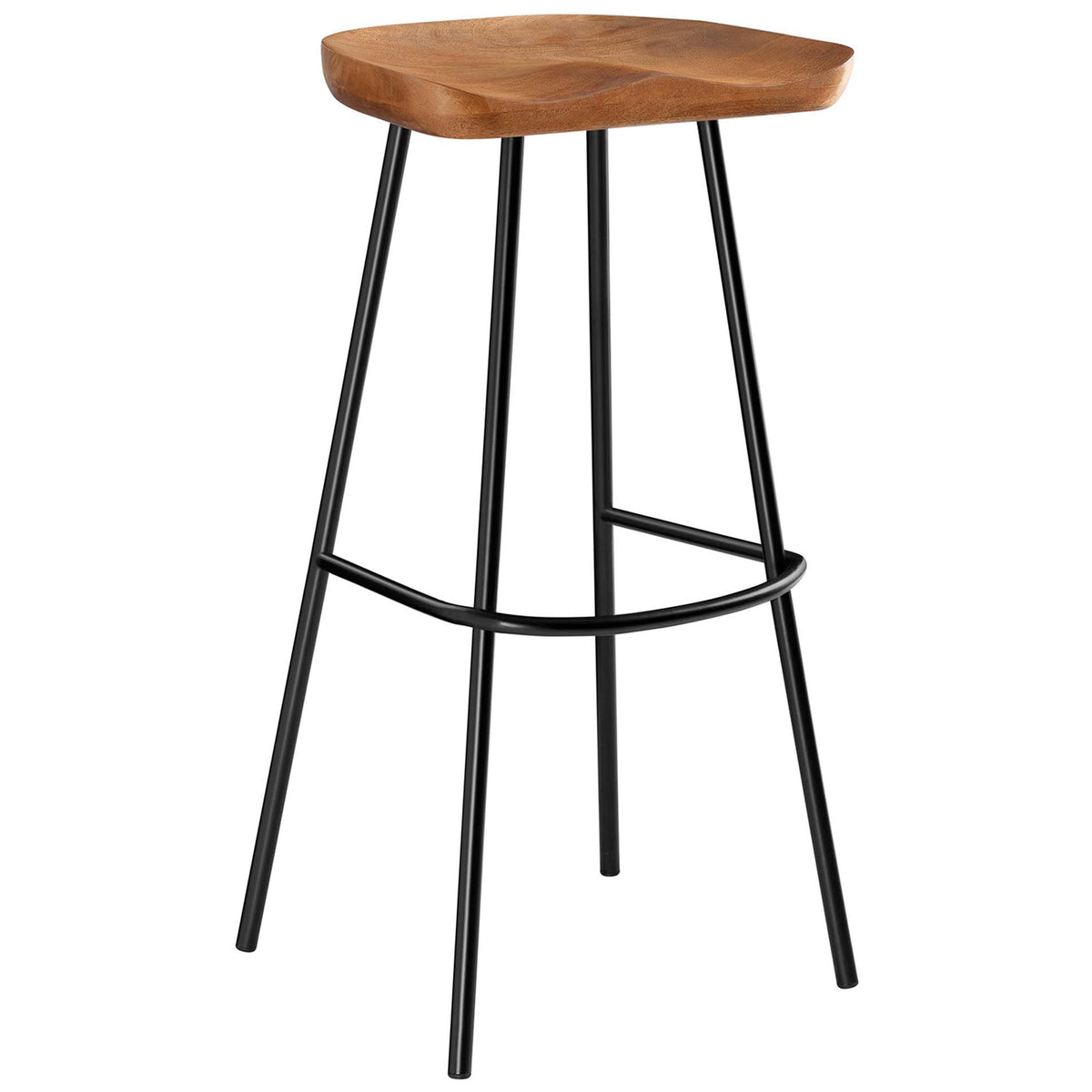 Sleek bar-height stool with a sculpted mango wood seat and a curved metal footrest || EEI-6742-WAL || front_angle_studio