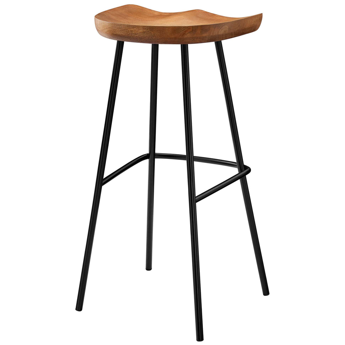 Splayed powder-coated base with rounded stretcher supports the contoured wood seat || EEI-6742-WAL || back_angle_studio