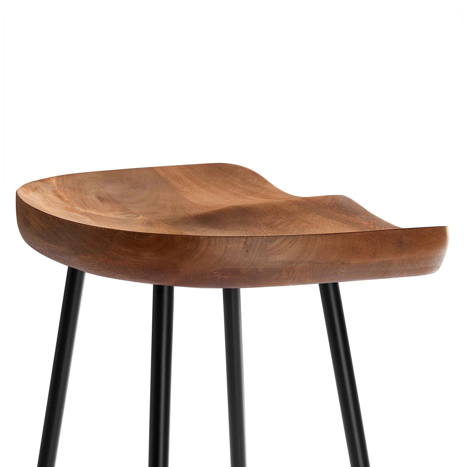 Sculpted saddle seat highlights the natural mango wood grain and smooth finish || EEI-6742-WAL || detail_studio