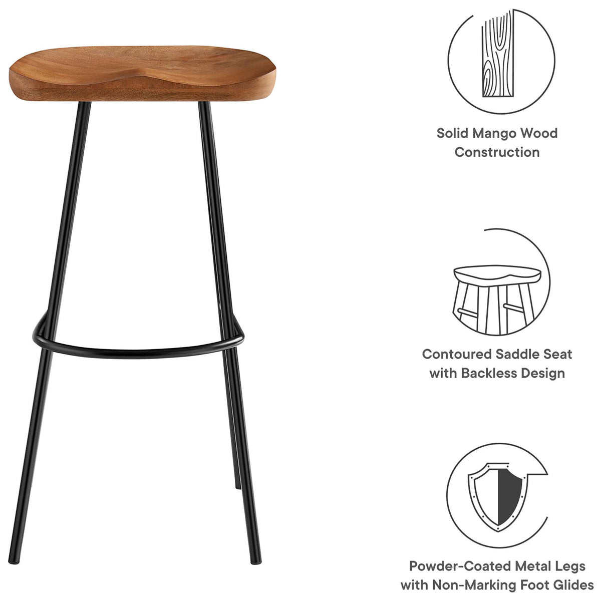 Key features include solid mango wood, contoured saddle seat, and non-marking glides || EEI-6742-WAL || callout_studio
