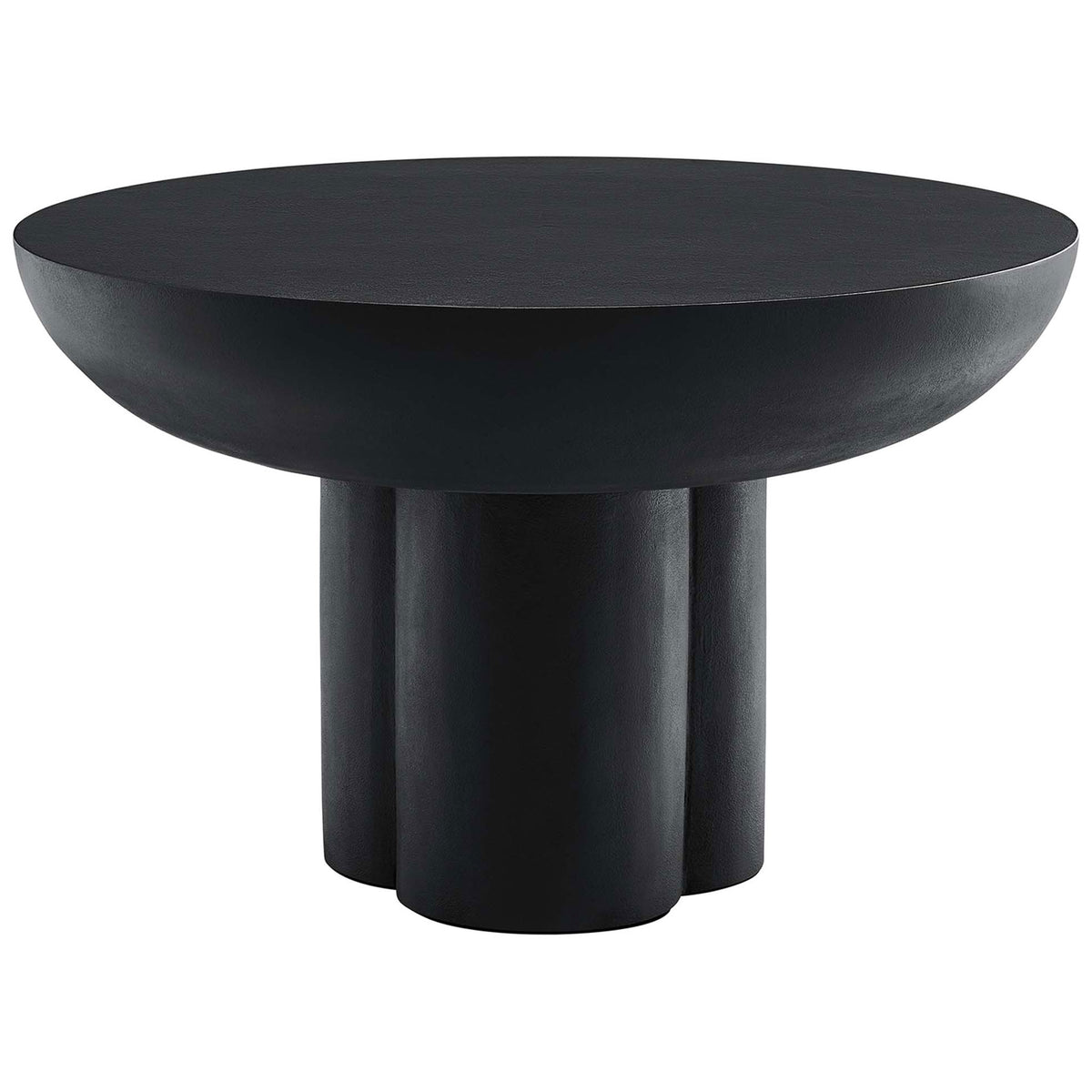 Round black coffee table with sculptural trefoil pedestal and textured concrete overlay || EEI-6760-BLK || front_studio