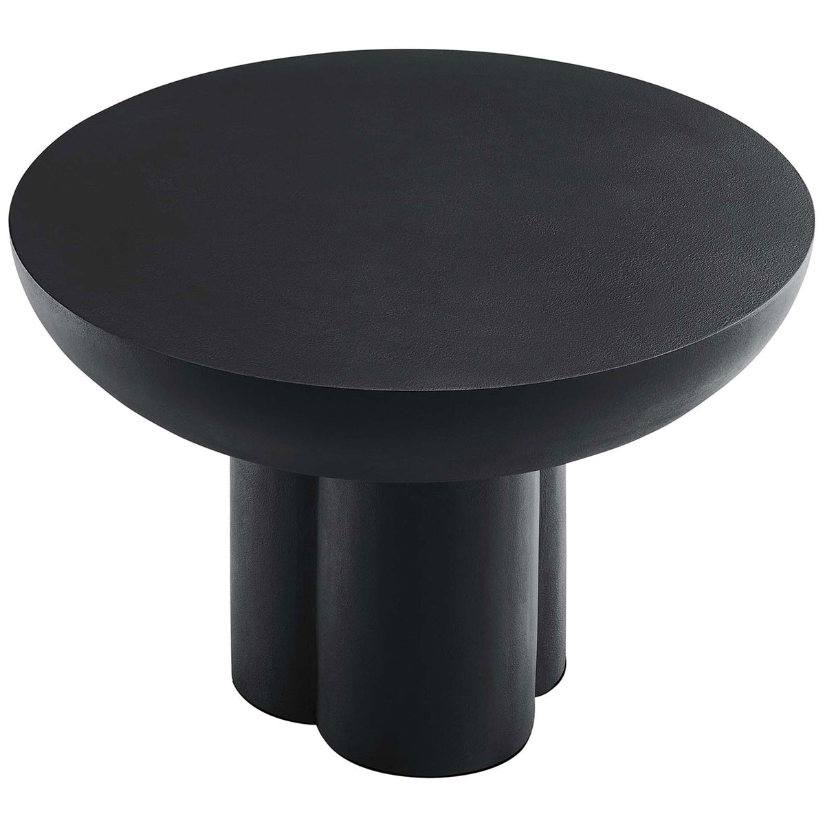 Modern round black coffee table with thick top and bold trefoil pedestal base || EEI-6760-BLK || top_angle_studio