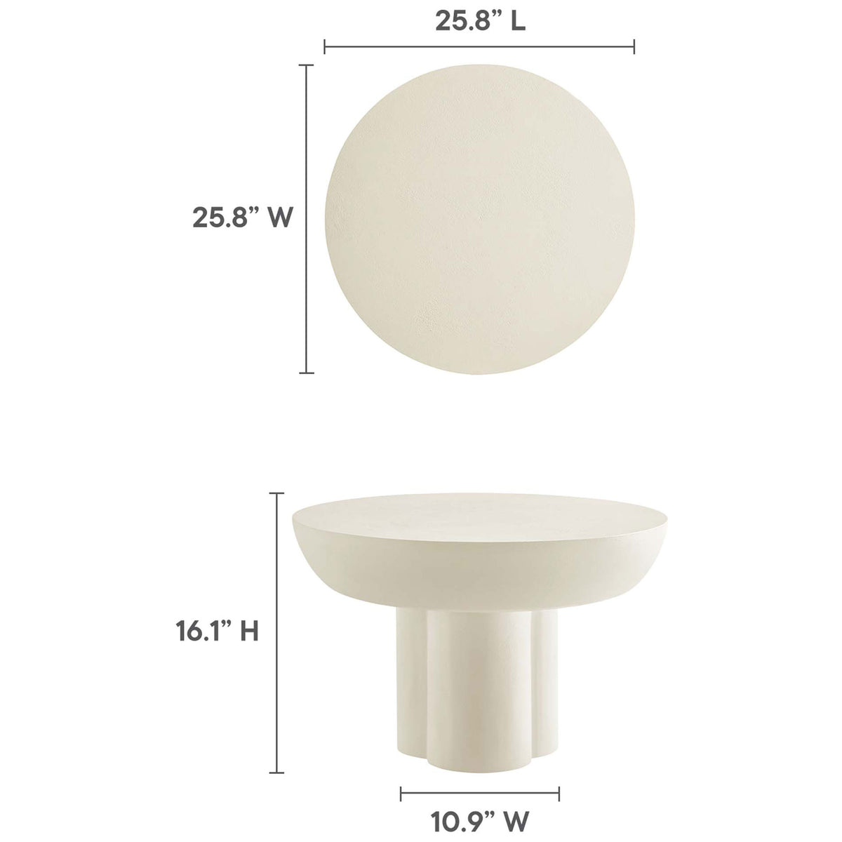 Dimensions shown: 25.8 inch diameter and 16.1 inch height for the Caspian coffee table || EEI-6760-WHI || dimension_studio