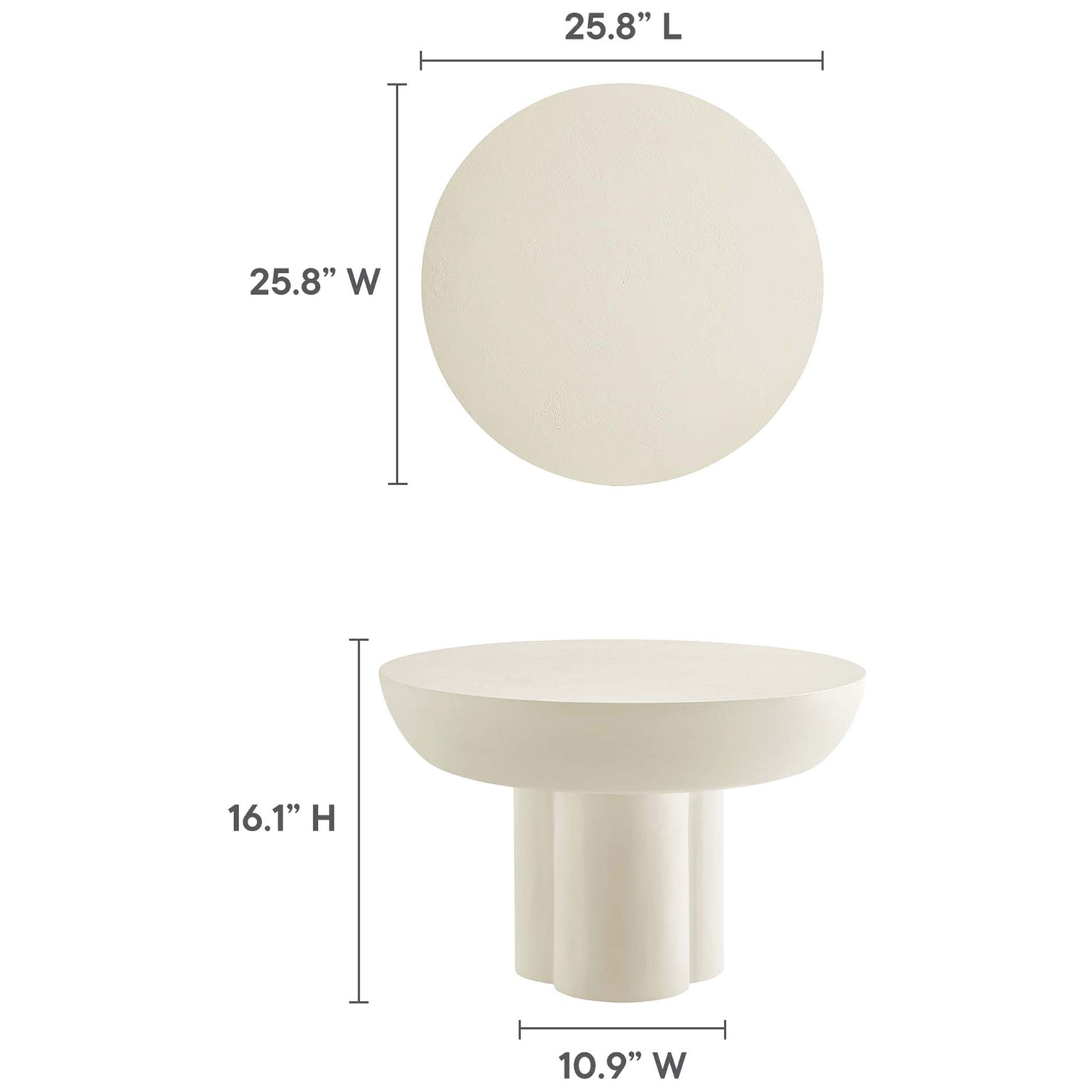 Dimensions shown: 25.8 inch diameter and 16.1 inch height for the Caspian coffee table || EEI-6760-WHI || dimension_studio