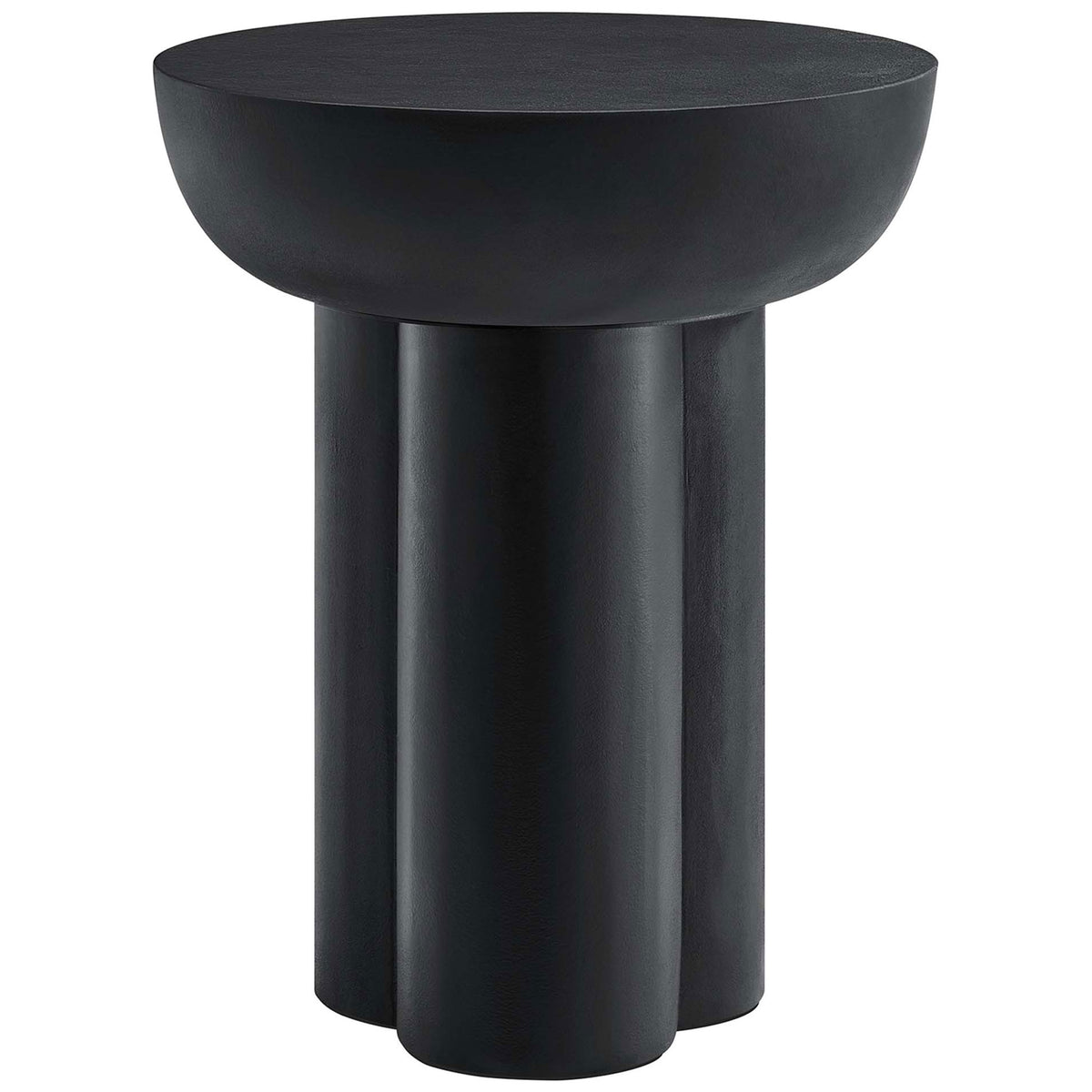 Caspian black round concrete overlay side table with bold trefoil pedestal base for modern living rooms || EEI-6761-BLK || front_studio