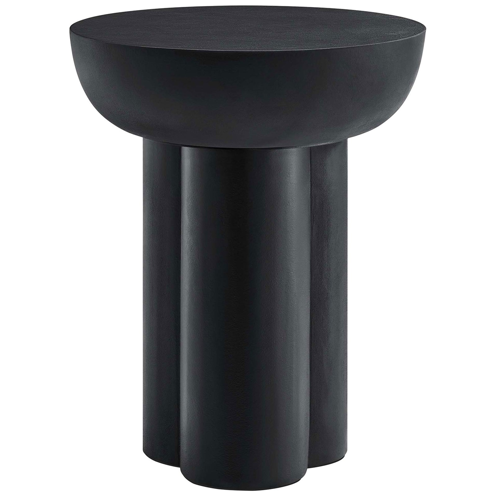 Caspian black round concrete overlay side table with bold trefoil pedestal base for modern living rooms || EEI-6761-BLK || front_studio