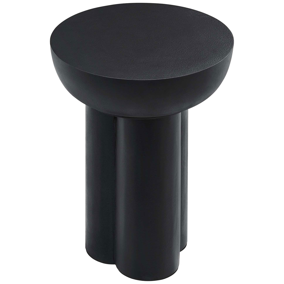Compact black circular side table with concrete overlay and sculpted drum style base || EEI-6761-BLK || front_angle_studio