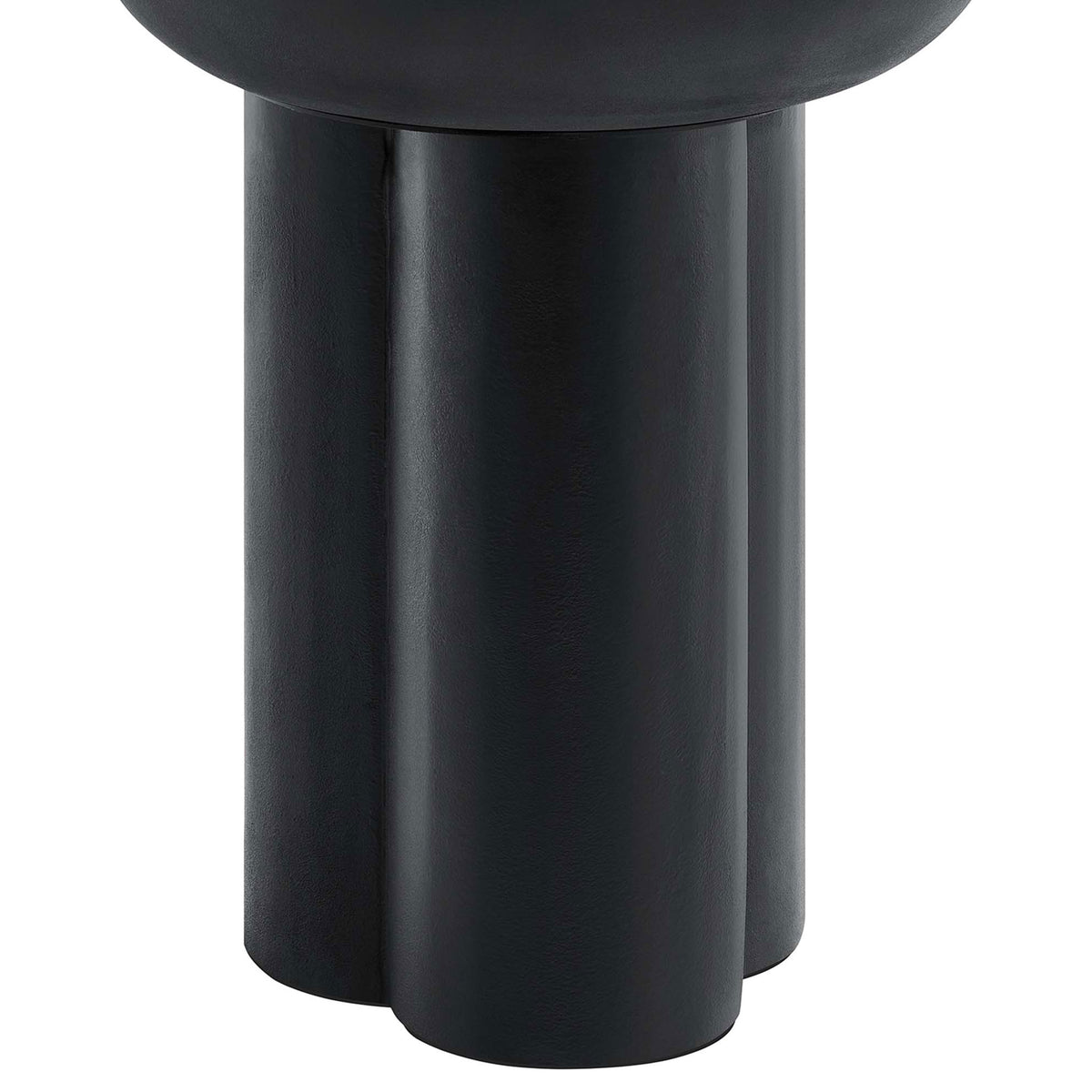 Close up of the trefoil pedestal base showing the three cylindrical columns in smooth black finish || EEI-6761-BLK || leg_studio