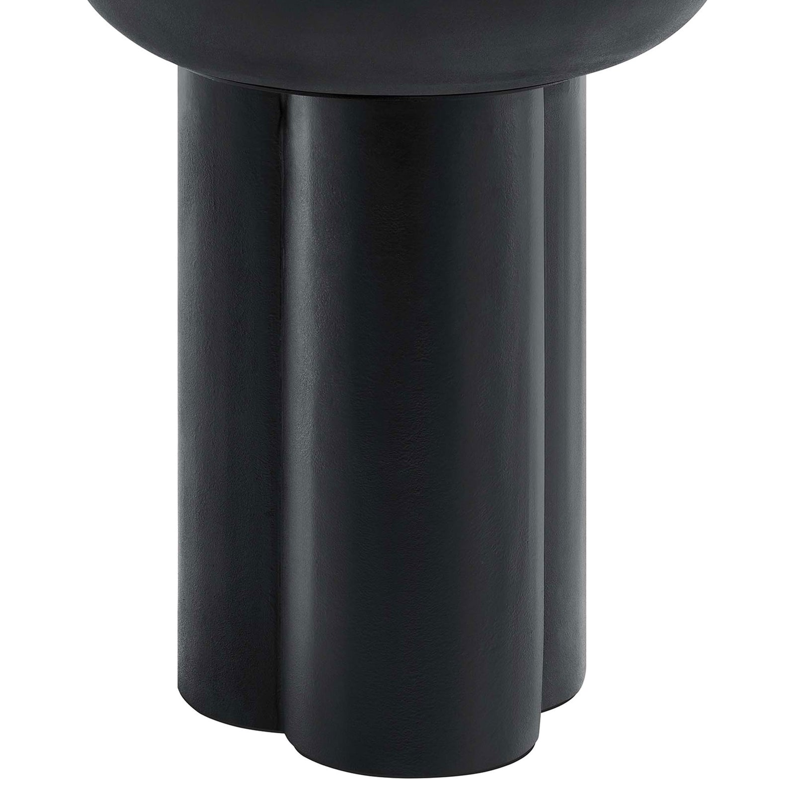 Close up of the trefoil pedestal base showing the three cylindrical columns in smooth black finish || EEI-6761-BLK || leg_studio