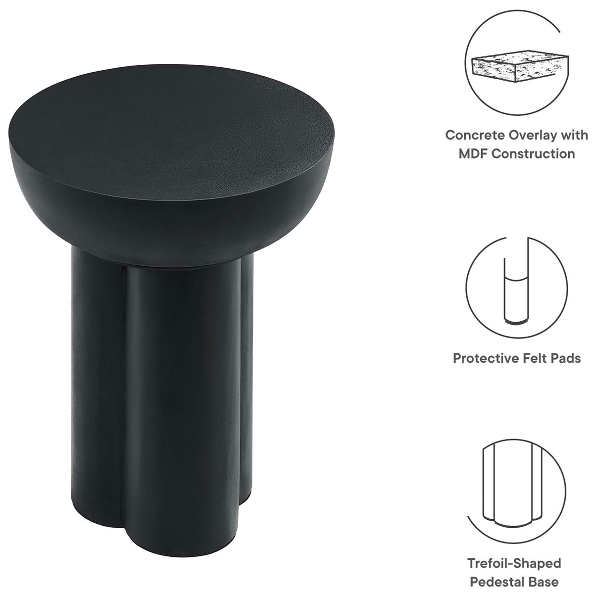 Feature graphic highlighting the Caspian black concrete overlay side table construction, felt pads, and trefoil base || EEI-6761-BLK || callout_studio