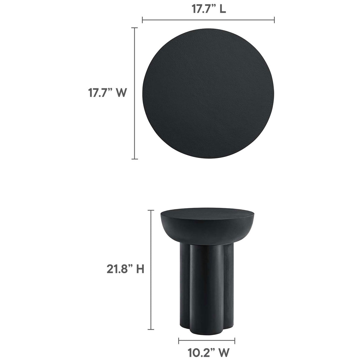 Dimension diagram of the Caspian round concrete overlay side table showing height and 17.7 inch tabletop diameter || EEI-6761-BLK || dimension_studio