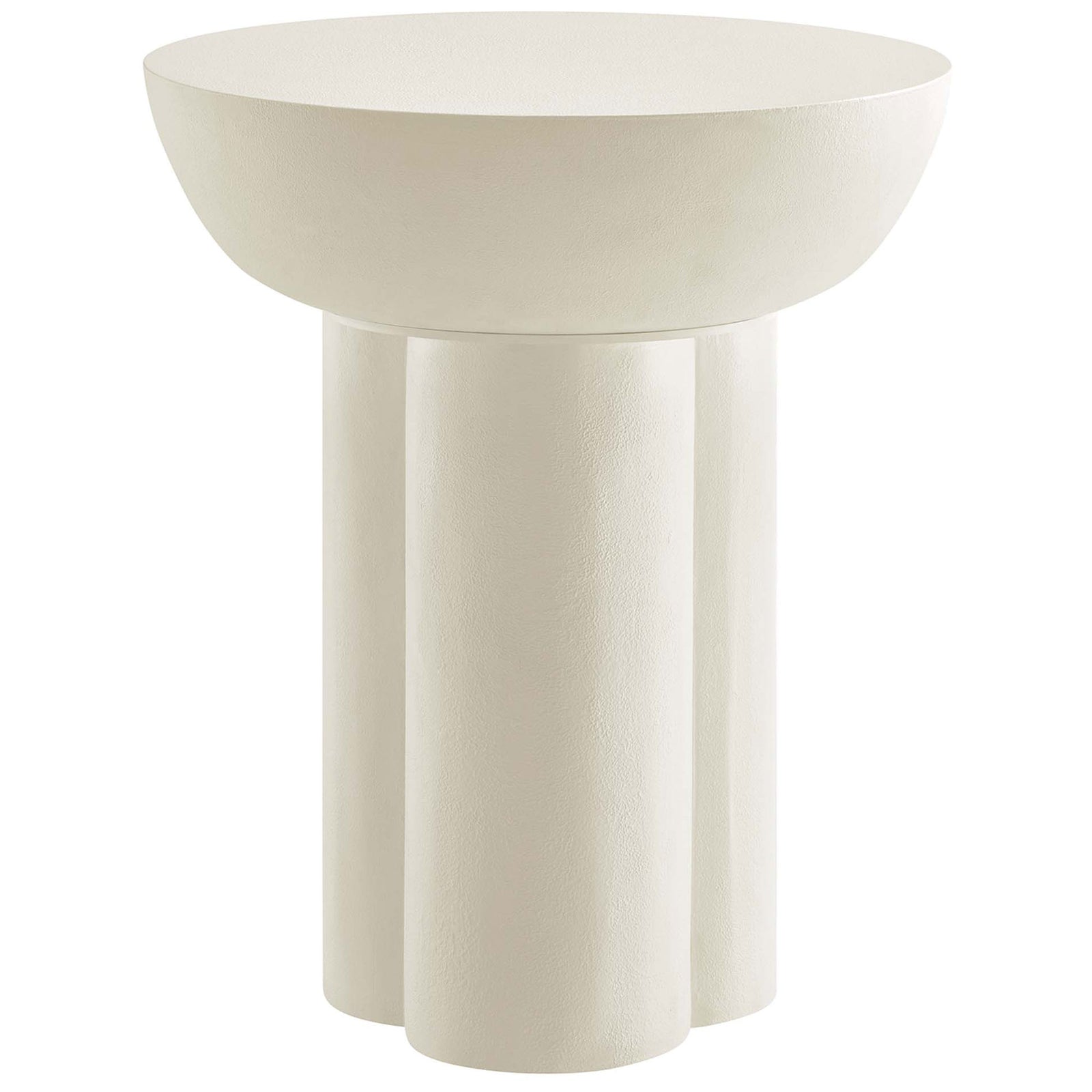 Modern white round concrete side table with sculptural trefoil pedestal base for bold living room style || EEI-6761-WHI || front_studio