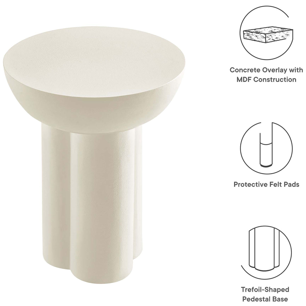 White concrete-style side table with concrete overlay, protective felt pads, and trefoil pedestal base || EEI-6761-WHI || callout_studio