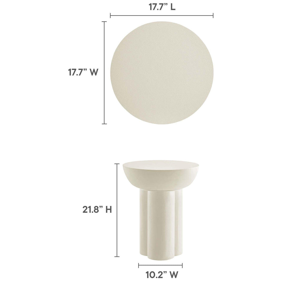 Caspian round side table shown with top and height measurements for easy fit in your living room or bedroom || EEI-6761-WHI || dimension_studio